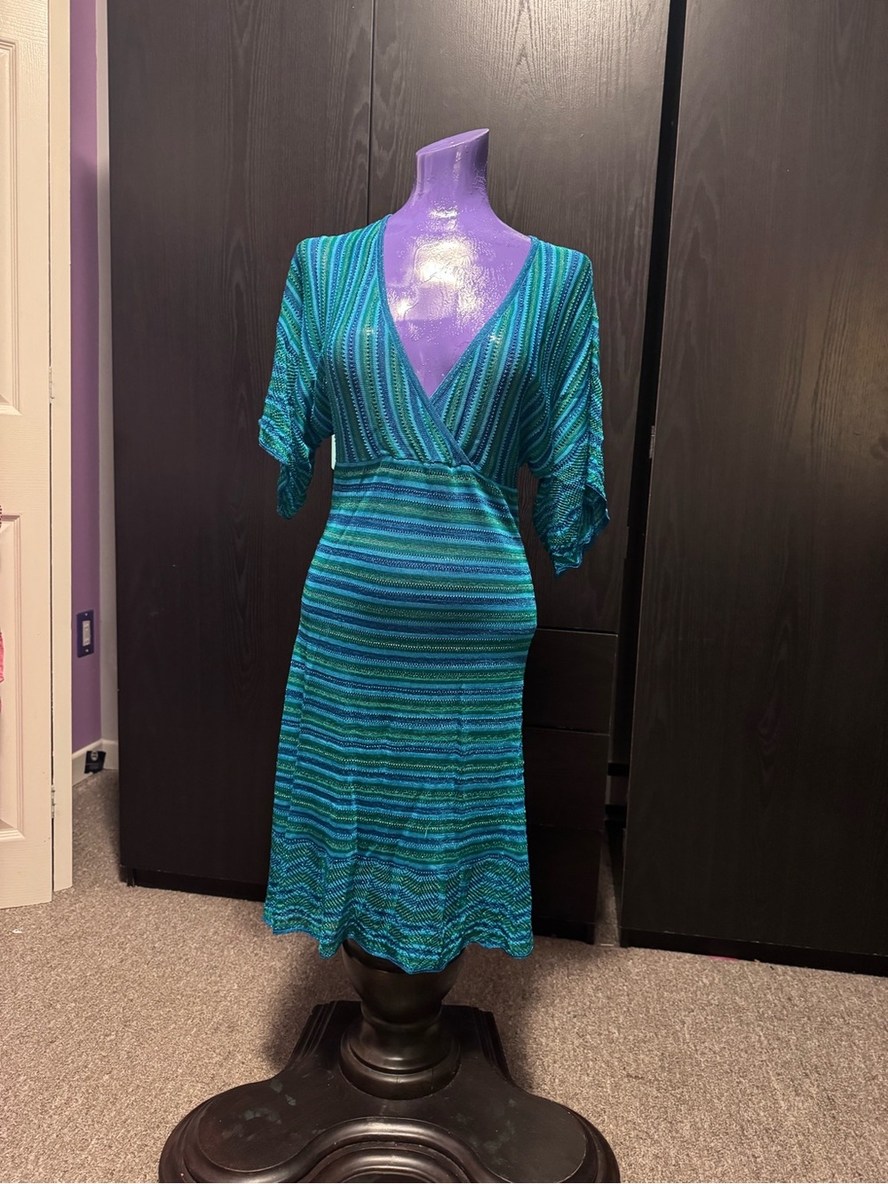 Teal and Blue Striped V-Neck Midi Dress